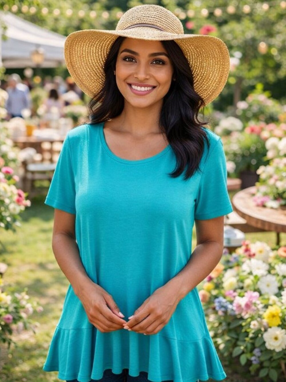 Flawless Girly Casual Solid XL Short Sleeve Ruffle Hem Turquoise Summer Tunic